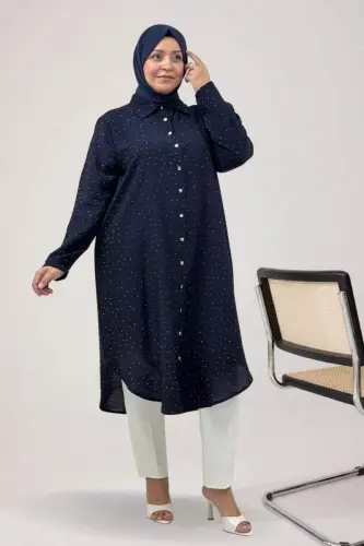 68058 Plus Size Stone Detailed Cuffed Sleeve Modazone Tunic - Navy Blue - 1