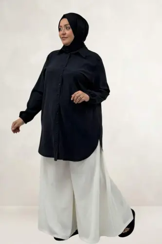 68067 Büyük Beden Kolları Lastikli Cupra Gömlek - Siyah - BÜYÜKBEDENIZ (1)