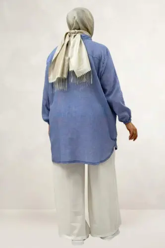 68068 Büyük Beden Kolları Lastikli Pitikare Gömlek - Pitikare Saks - 3