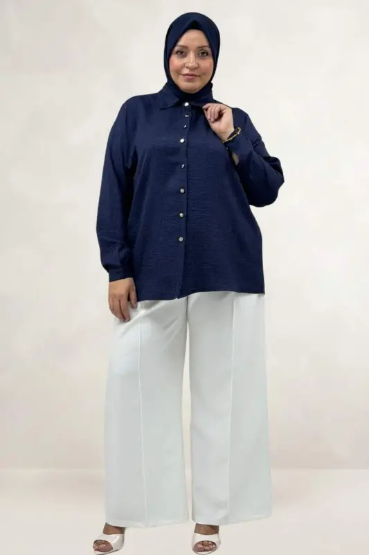 68075 Büyük Beden Erkek Yaka Düğmeli Kısa Gömlek - Lacivert - 2