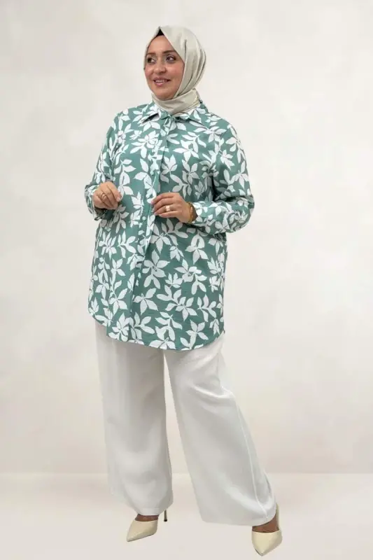 68094 Büyük Beden Manşetli Desenli Mango Tunik - Yaprak Desen Nefti - 1