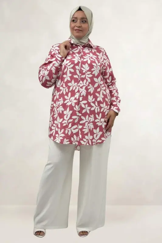 68094 Büyük Beden Manşetli Desenli Mango Tunik - Yaprak Desen Pembe - 1