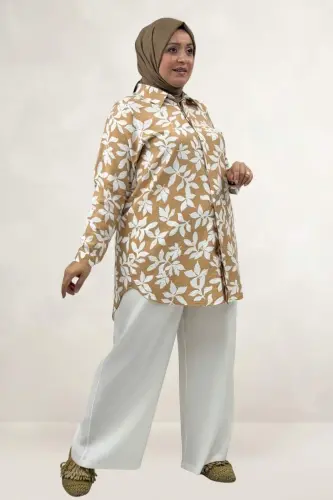 68094 Büyük Beden Manşetli Desenli Mango Tunik - Yaprak Desen Taba - BÜYÜKBEDENIZ (1)