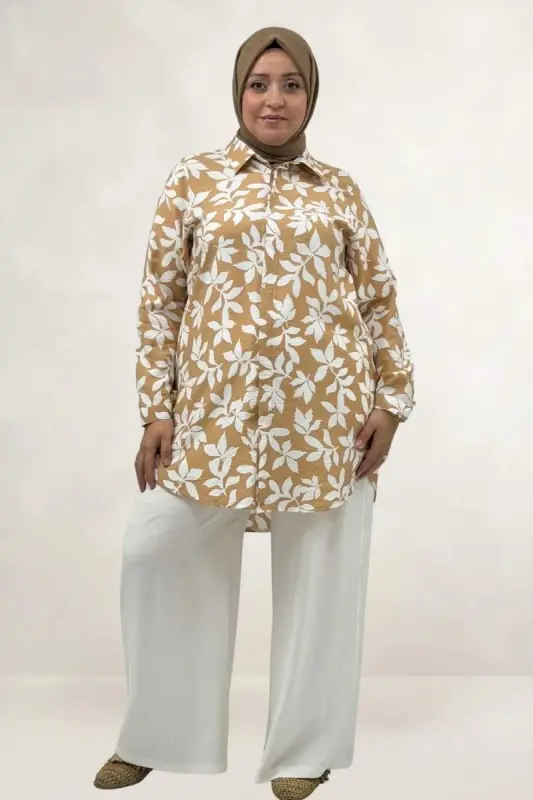 68094 Büyük Beden Manşetli Desenli Mango Tunik - Yaprak Desen Taba - 1