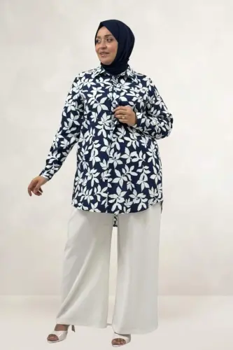 68094 Büyük Beden Manşetli Desenli Mango Tunik - Yaprak Desenli Lacivert - BÜYÜKBEDENIZ (1)
