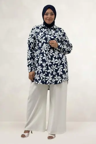 68094 Büyük Beden Manşetli Desenli Mango Tunik - Yaprak Desenli Lacivert - 1