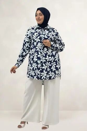 68094 Büyük Beden Manşetli Desenli Mango Tunik - Yaprak Desenli Lacivert - BÜYÜKBEDENIZ (1)