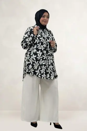 68094 Büyük Beden Manşetli Desenli Mango Tunik - Yaprak Desenli Siyah - BÜYÜKBEDENIZ (1)