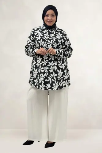 68094 Büyük Beden Manşetli Desenli Mango Tunik - Yaprak Desenli Siyah - 1