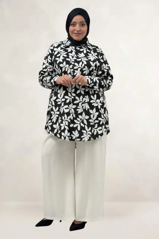 68094 Büyük Beden Manşetli Desenli Mango Tunik - Yaprak Desenli Siyah - 1