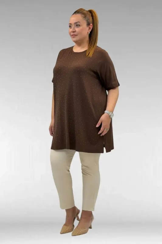 68501 Plus Size Trimmed Neckline Rhinestone Embellished Cotton T-Shirt - Brown - 1