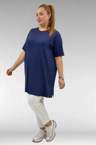 68501 Plus Size Trimmed Neckline Rhinestone Embellished Cotton T-Shirt - Navy Blue - BÜYÜKBEDENIZ (1)
