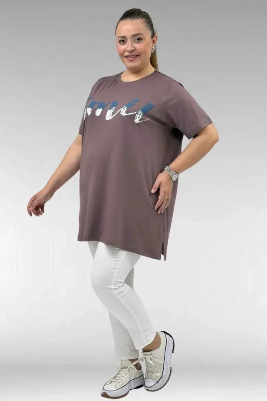68503 Plus Size Printed Combed Cotton T-Shirt with Binding Detail on Neck - Mink - 2