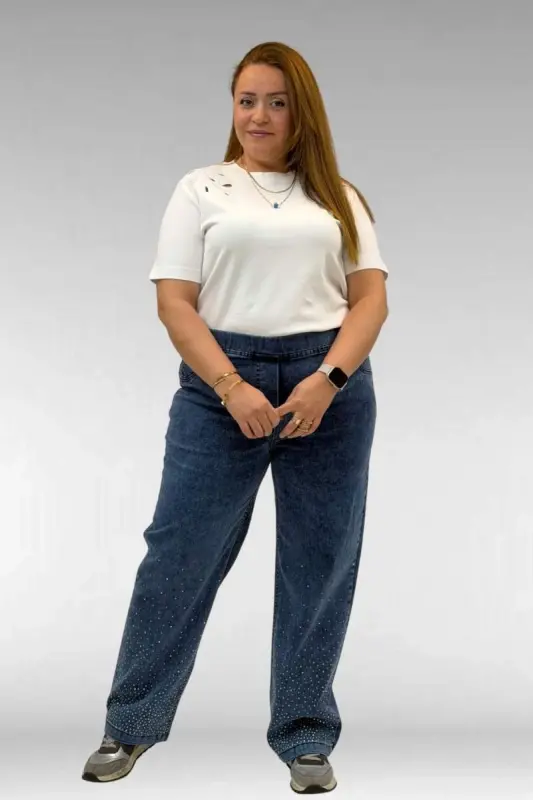 69001 Büyük Beden Beli Lastikli Sahte Cepli Taşlı Kot Pantolon - Lacivert - 1