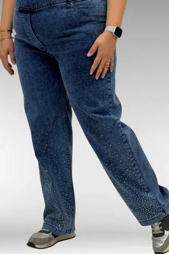 69001 Büyük Beden Beli Lastikli Sahte Cepli Taşlı Kot Pantolon - Lacivert - 3