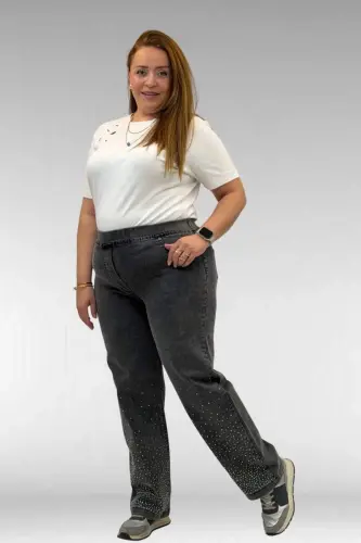 69001 Büyük Beden Beli Lastikli Sahte Cepli Taşlı Kot Pantolon - Siyah - 1