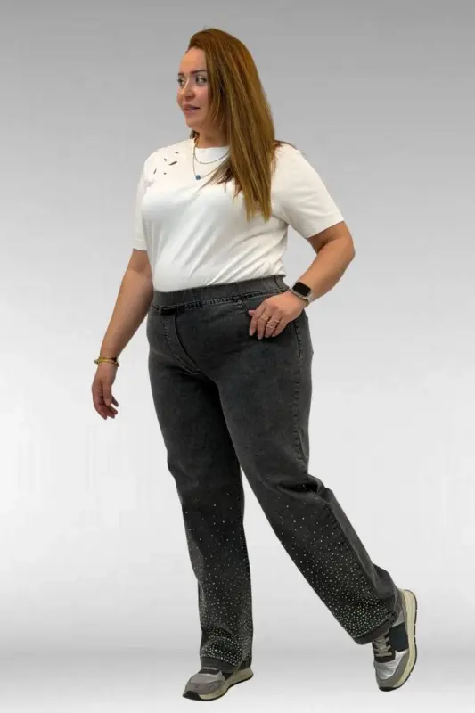 69001 Büyük Beden Beli Lastikli Sahte Cepli Taşlı Kot Pantolon - Siyah - 3