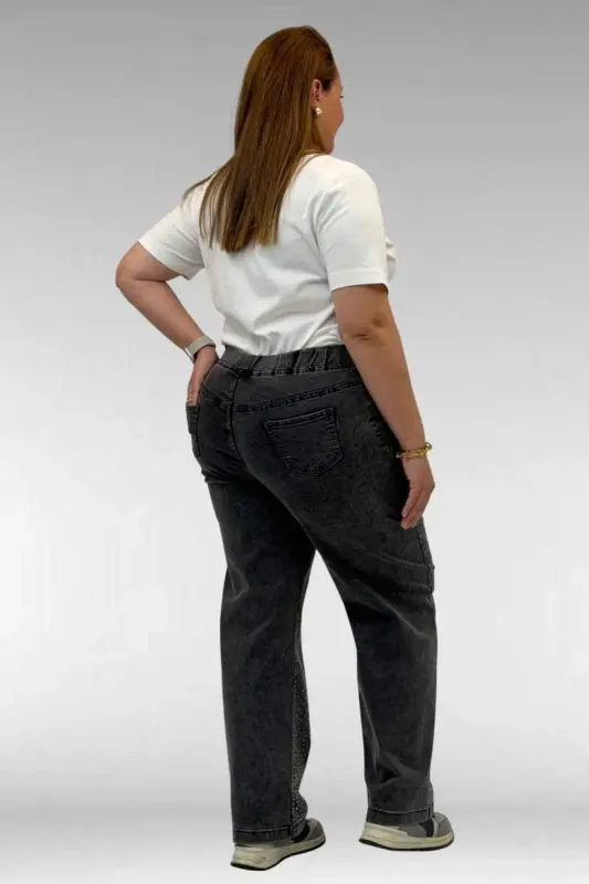 69001 Büyük Beden Beli Lastikli Sahte Cepli Taşlı Kot Pantolon - Siyah - 4