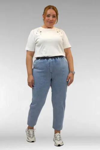 69002 Büyük Beden Beli Lastikli Darpaça Uzun Kot Pantolon - Açık Mavi - 1