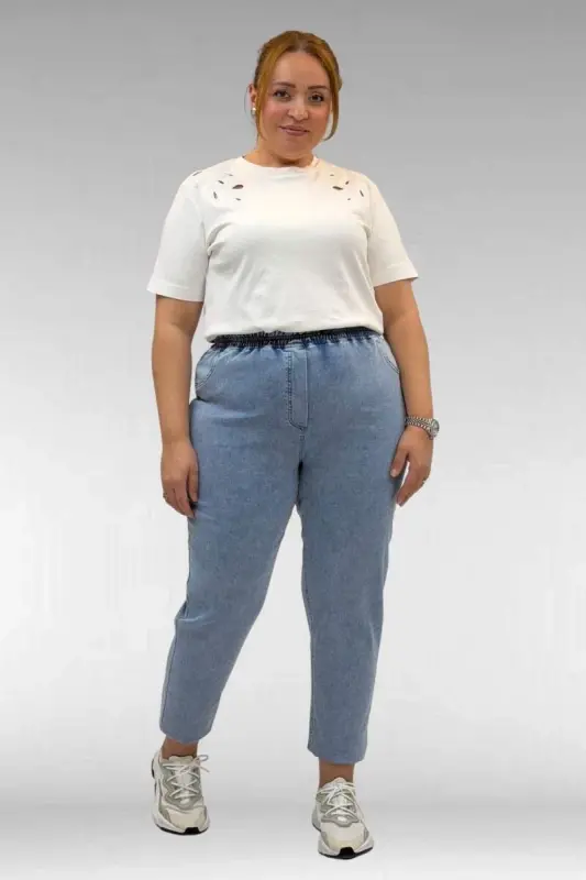 69002 Büyük Beden Beli Lastikli Darpaça Uzun Kot Pantolon - Açık Mavi - 1