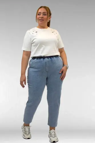 69002 Büyük Beden Beli Lastikli Darpaça Uzun Kot Pantolon - Açık Mavi - 3