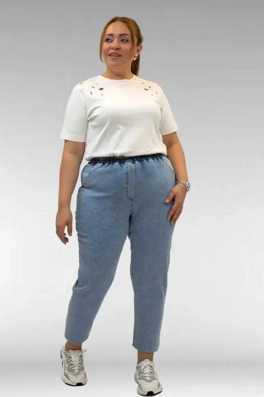 69002 Büyük Beden Beli Lastikli Darpaça Uzun Kot Pantolon - Açık Mavi - 3