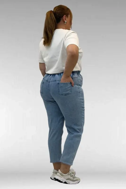 69002 Büyük Beden Beli Lastikli Darpaça Uzun Kot Pantolon - Açık Mavi - 4