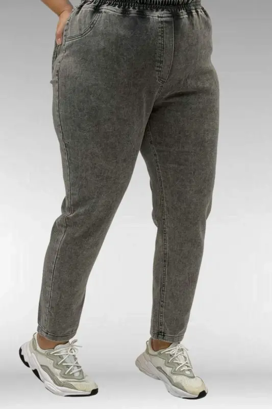 69002 Büyük Beden Beli Lastikli Darpaça Uzun Kot Pantolon - Antrasit - 3