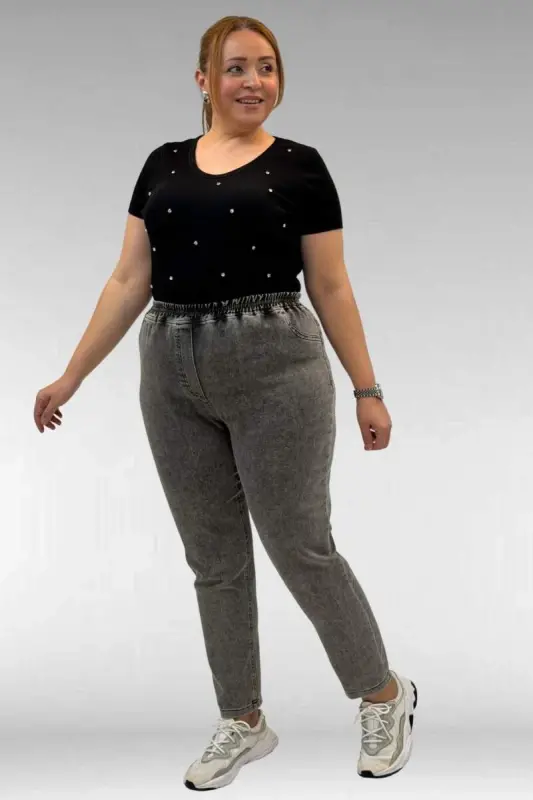 69002 Büyük Beden Beli Lastikli Darpaça Uzun Kot Pantolon - Antrasit - BÜYÜKBEDENIZ