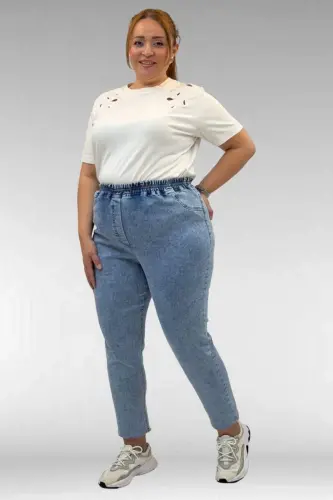 69002 Büyük Beden Beli Lastikli Darpaça Uzun Kot Pantolon - Kar Yıkama Mavi - 1