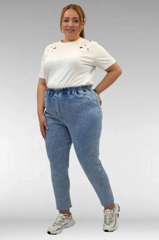 69002 Büyük Beden Beli Lastikli Darpaça Uzun Kot Pantolon - Kar Yıkama Mavi - 1