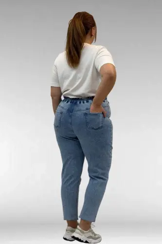 69002 Büyük Beden Beli Lastikli Darpaça Uzun Kot Pantolon - Kar Yıkama Mavi - 3