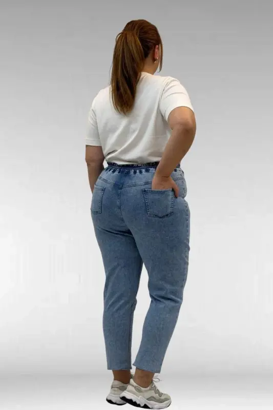 69002 Büyük Beden Beli Lastikli Darpaça Uzun Kot Pantolon - Kar Yıkama Mavi - 3