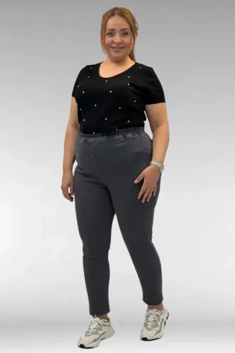 69002 Büyük Beden Beli Lastikli Darpaça Uzun Kot Pantolon - Koyu Gri - 1