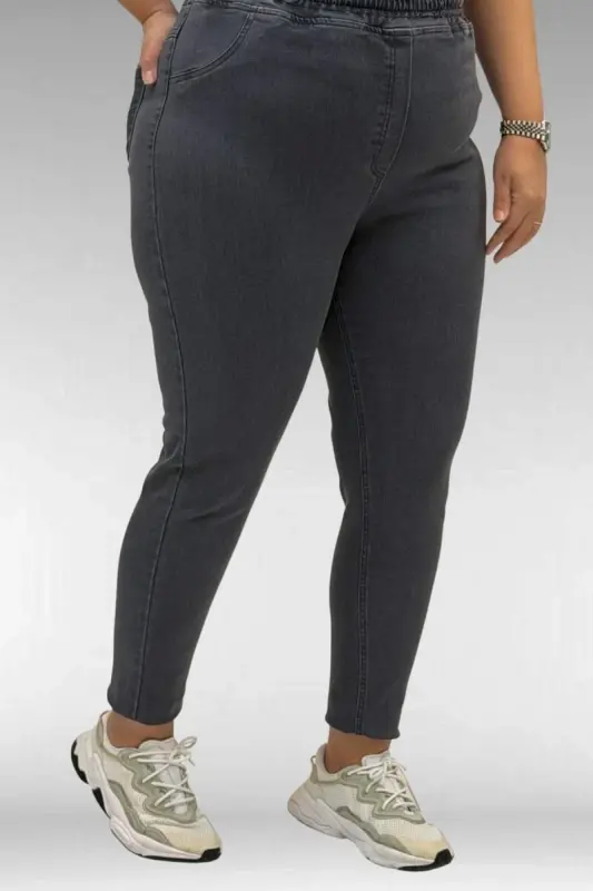 69002 Büyük Beden Beli Lastikli Darpaça Uzun Kot Pantolon - Koyu Gri - 3