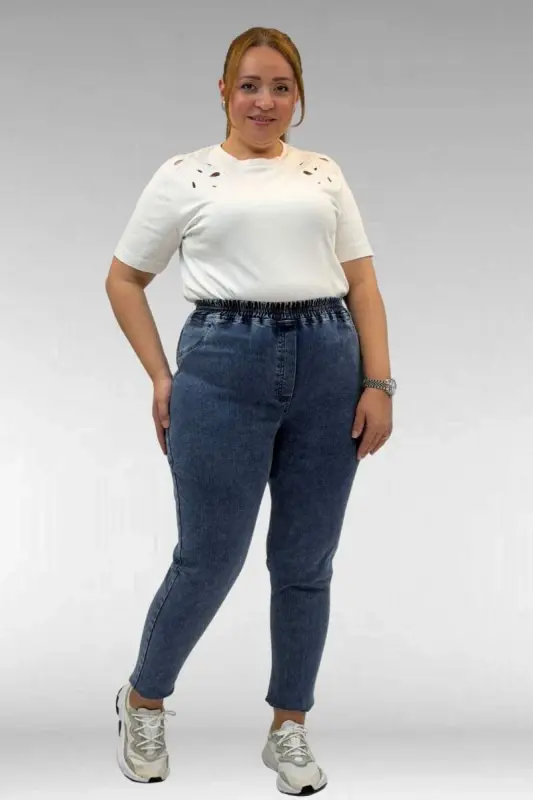 69002 Büyük Beden Beli Lastikli Darpaça Uzun Kot Pantolon - Koyu Mavi - 1