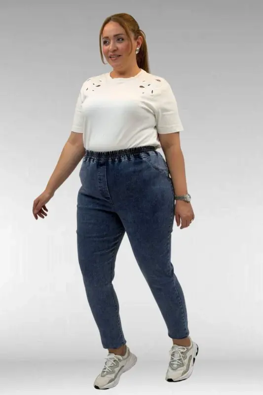 69002 Büyük Beden Beli Lastikli Darpaça Uzun Kot Pantolon - Koyu Mavi - 2