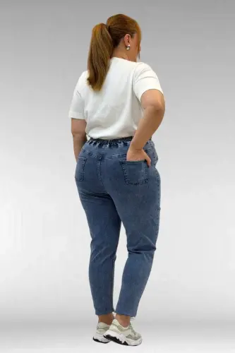 69002 Büyük Beden Beli Lastikli Darpaça Uzun Kot Pantolon - Koyu Mavi - 3