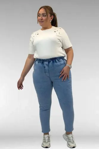 69002 Büyük Beden Beli Lastikli Darpaça Uzun Kot Pantolon - Mavi - 3