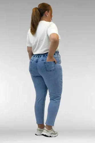 69002 Büyük Beden Beli Lastikli Darpaça Uzun Kot Pantolon - Mavi - 4