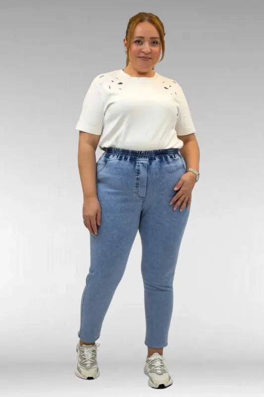 69002 Büyük Beden Beli Lastikli Darpaça Uzun Kot Pantolon - Mavi - BÜYÜKBEDENIZ