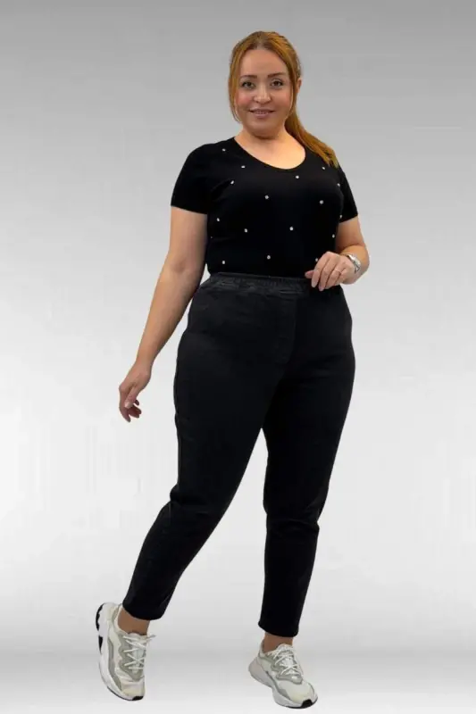 69002 Büyük Beden Beli Lastikli Darpaça Uzun Kot Pantolon - Siyah - 1