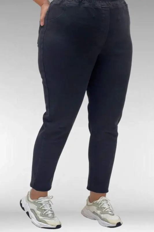 69002 Büyük Beden Beli Lastikli Darpaça Uzun Kot Pantolon - Siyah - 3