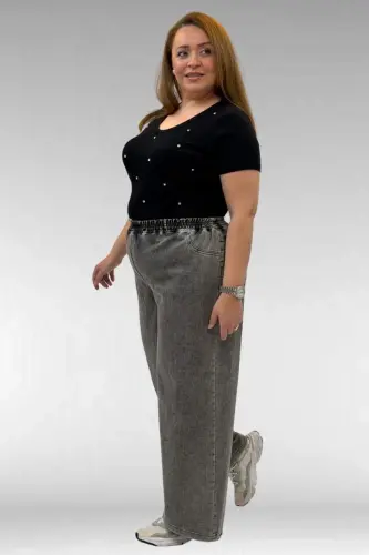 69003 Büyük Beden Beli Lastikli Bolpaça Kot Pantolon - Antrasit - 3