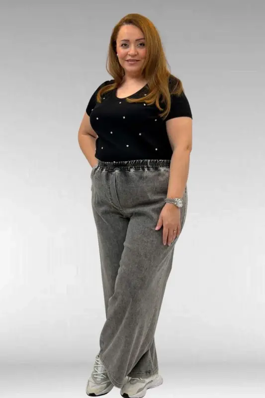 69003 Büyük Beden Beli Lastikli Bolpaça Kot Pantolon - Antrasit - BÜYÜKBEDENIZ