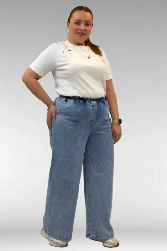 69003 Büyük Beden Beli Lastikli Bolpaça Kot Pantolon - Kar Yıkama Mavi - BÜYÜKBEDENIZ