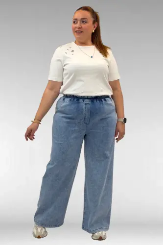 69003 Büyük Beden Beli Lastikli Bolpaça Kot Pantolon - Kar Yıkama Mavi - 3