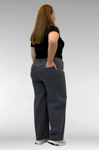 69003 Büyük Beden Beli Lastikli Bolpaça Kot Pantolon - Koyu Gri - 3