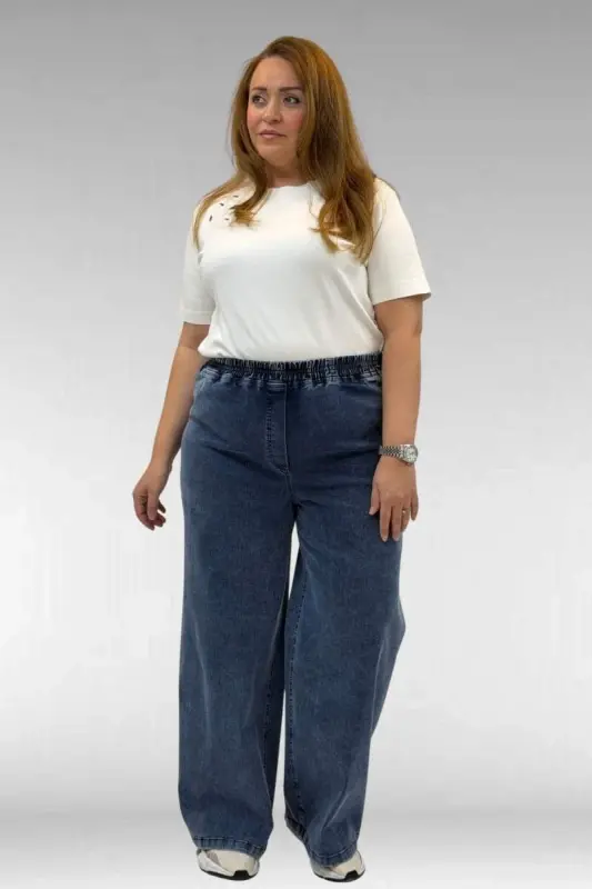 69003 Büyük Beden Beli Lastikli Bolpaça Kot Pantolon - Koyu Mavi - 1