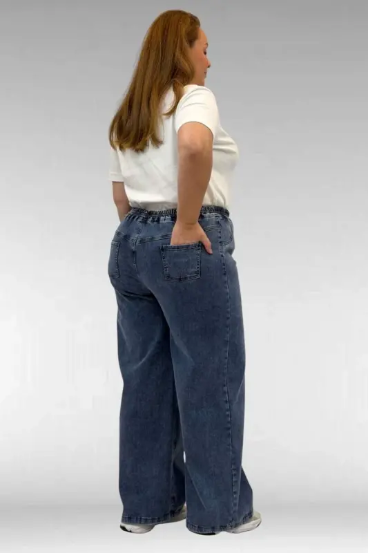 69003 Büyük Beden Beli Lastikli Bolpaça Kot Pantolon - Koyu Mavi - 3